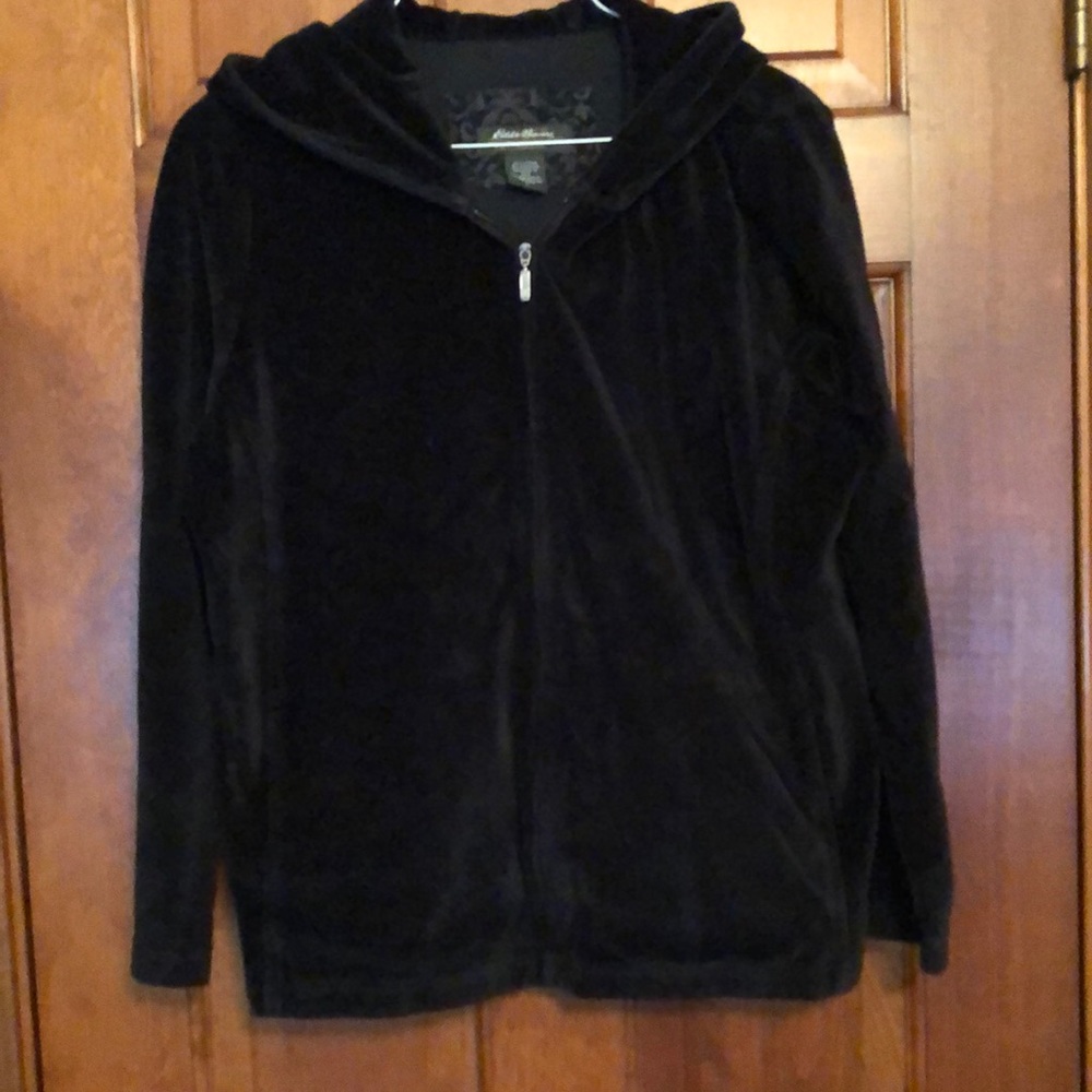 Black velour Eddie Bauer full zip hoodie jacket petite large